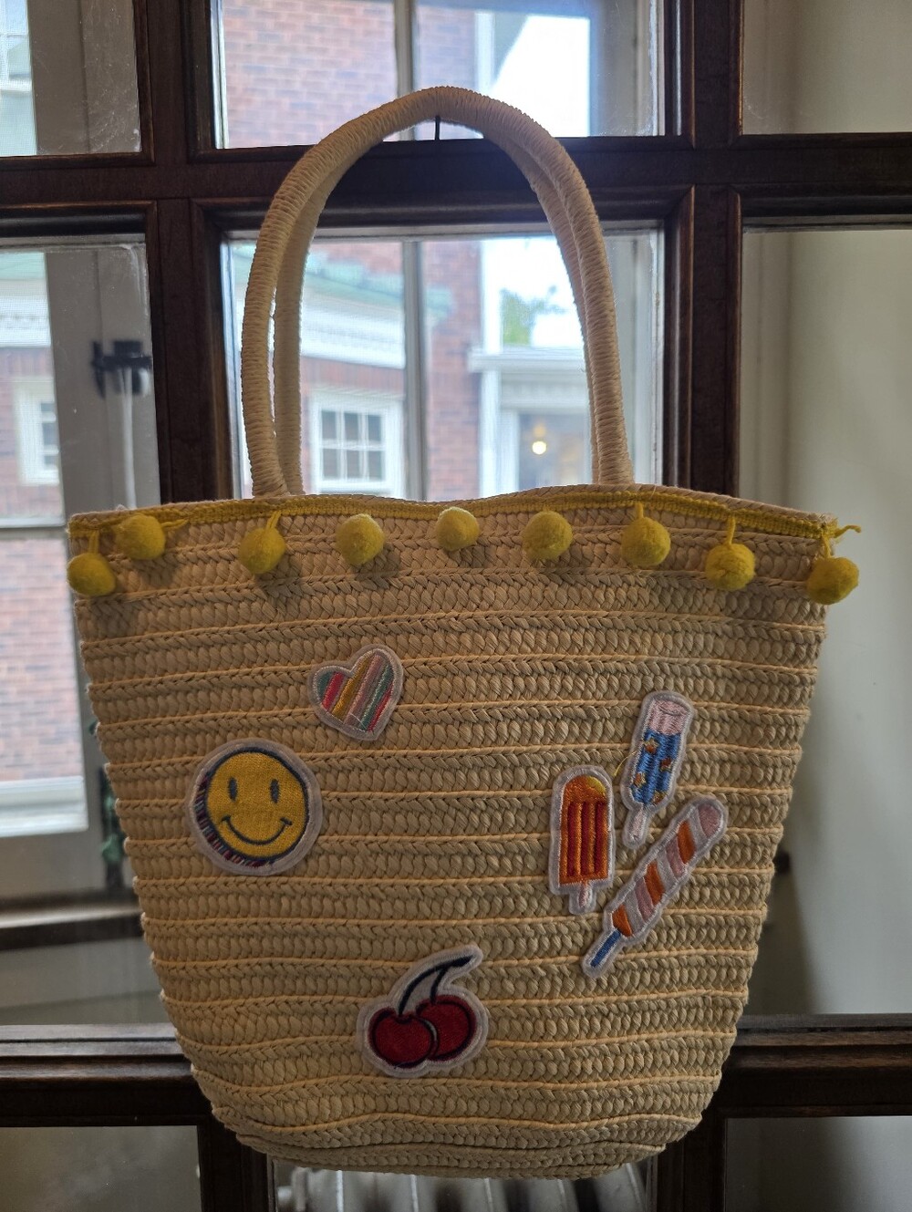 Kids Straw Bag with Yellow Pom Trim and Fun Patches